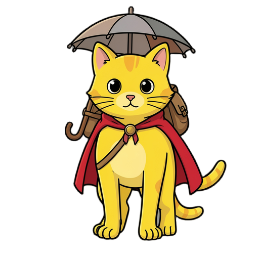 of a A yellow cat with a bag and a small umbrella on its back, and a red cape on its back