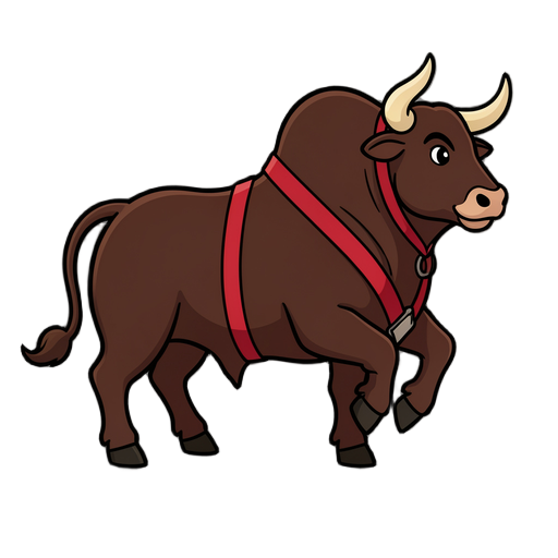 Flat vector cartoon for a Brazilian rodeo game: a powerful zebu rodeo bull with a big hump on the shoulders (Brazilian rodeo bull), side view facing right, mid buck with back legs kicking up, dark brown coat (#4A2E1F), curved light horns (#E8D3B0), red flank strap (#9E2B25). Exaggerated, friendly cartoon proportions, thick uniform dark outline (#2E2A3B), flat solid colors, one shadow tone, no gradients, no textures. Isolated, transparent background. No rider, no text