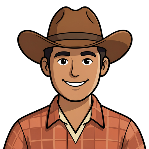 shoulders only, centered. Brown felt cowboy hat, short dark hair, light brown skin, warm smile, plaid shirt in terracotta (#B5673A) with a beige (#E8D3B0) V collar. Thick uniform dark outline (#2E2A3B), flat solid colors, exactly one shadow tone per material on the right side (light from the left), no gradients, no textures, rounded