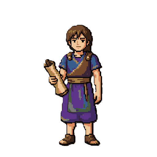 holding a scroll, SNES Chrono Trigger style, clean pixel lines, isolated on transparent background