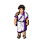 16-bit JRPG pixel art character sprite, top-down view, young Roman patrician wearing a white toga with purple trim