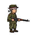 a 2d retro pixel art sprite sheet of an indonesian freedom fighter character in a 1945 independence war style, inspired by metal slug aesthetic. the character wears a vintage indonesian guerrilla uniform, a red-and-white headband and a peci hat, holding a classic carbine rifle.