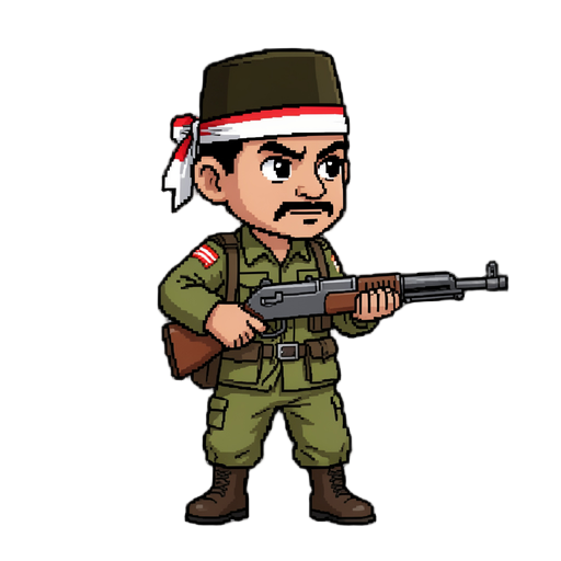 a 2d retro pixel art sprite sheet of an indonesian freedom fighter character in a 1945 independence war style, inspired by metal slug aesthetic. the character wears a vintage indonesian guerrilla uniform, a red-and-white headband and a peci hat, holding a classic carbine rifle.