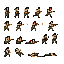a 2d retro pixel art sprite sheet of an indonesian freedom fighter character in a 1945 independence war style, inspired by metal slug aesthetic. the character wears a vintage indonesian guerrilla uniform, a red-and-white headband and a peci hat, holding a classic carbine rifle.