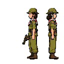 "a 2d retro pixel art sprite sheet of a young female indonesian freedom fighter character named srikandi for a 1945 independence war game, metal slug detailed pixel art style. she wears a vintage 1940s scout volunteer uniform with loose trousers and a red-and-white neckerchief, carrying a hand gun