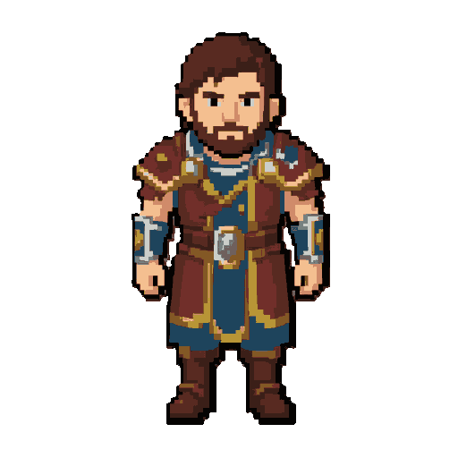 crea un personaje humano de fantasía en estilo **pixel art 2d**, inspirado en los sprites de juegos clásicos de estrategia y construcción de imperios como social wars y social empires.  **características del personaje:** - vista completamente frontal, mirando directamente hacia la cámara. - personaj
