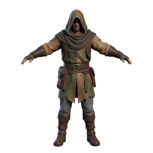 stylized dark fantasy wanderer, male, full body, t-pose, deep hood, shadowed face, cloth cowl, worn tunic, belts, gloves, boots, gray-brown, no background.