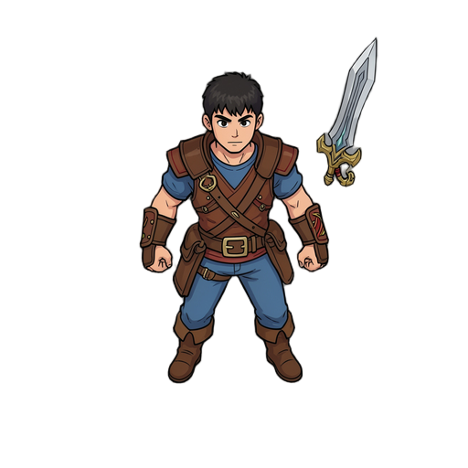 ataque físico top down, nas quatro direções, poucos detalhes, para público casual de 14 anos, com uma característica visual igual à do caçador e do mago, que faça parte do jogo