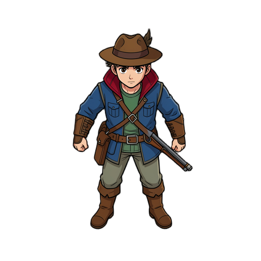 personagem caçador top down, nas quatro direções, poucos detalhes, para público casual de 14 anos, com uma característica visual igual à do mago e do ataque físico, que faça parte do jogo