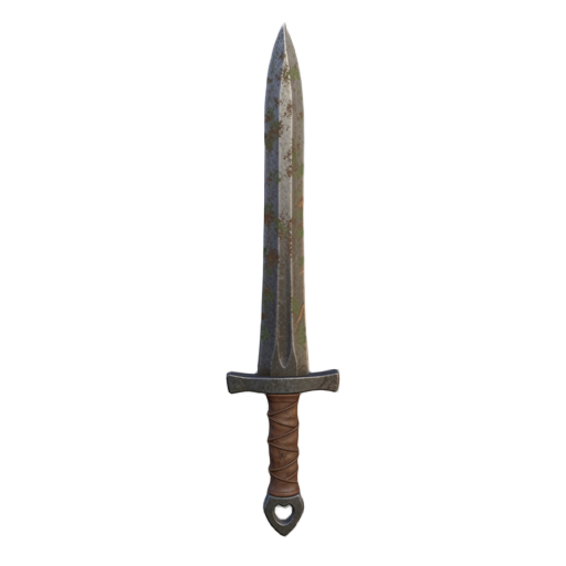 dark fantasy medieval sword, one-handed, realistic proportions, worn steel blade, leather grip, simple crossguard, rugged and practical, charcoal gray metal, muted brown handle, game-ready 3d weapon, no background.