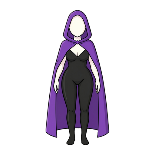 Crie uma personagem feminina humanoide em 128 bits, caracteristicas corporais: estatura media, tom de pele branco porcelana , possue peitos e bunda de tamanhos relativamente grandes cobertos por collant preto que mostra somente a parte superior dos seios, ela não possue rosto, usa uma capa grande e roxa com um capuz