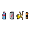 Pixel sheet, 4 game items in a single horizontal row, evenly spaced, each centered in its own equal square cell: (1) a plastic PET soda bottle, (2) an aluminum soda can, (3) a banana peel, (4) a single AA battery. Dark outline on every item, flat bright colors with simple highlights, max 24 colors, no text, no shadows, no background, fully transparent background, front view, each item filling about 70% of its cell. Cute readable style for a recycling game, 16-bit look