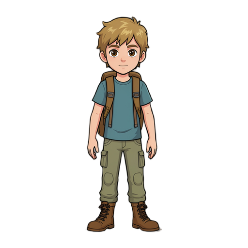 Crie um de um menino fotorealista com cabelos castanhos claros que sera usado como personagem em um jogo de aventura/plataforma