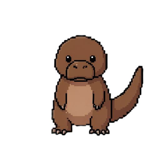Faça um ornitorrinco bebê em pixel 2D, com corpo pequeno, bico achatado, cauda larga e achatada, patas curtas e pelo marrom. Crie o personagem de corpo inteiro, de frente, em posição neutra, sem cenário e com fundo transparente. Use pixels nítidos, contornos bem definidos e um estilo consistente de jogo 2D
