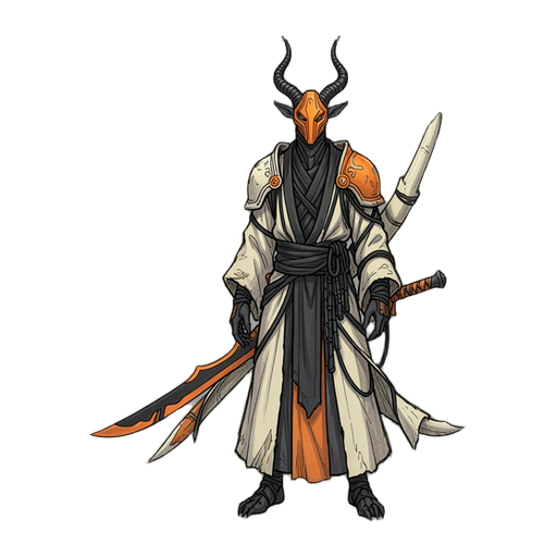 of a The character is a tall, slender, mysterious humanoid warrior with an insectoid or antelope-like appearance. Head: Narrow, angular, and mostly concealed. Face: Covered by a bright orange geometric mask or exoskeletal facial plate. Horns/antennae: Two long, dark appendages extend upward from the head. They are curved, segmented, and textured. Neck: Extremely long and covered by a high black collar. Torso: Wrapped in layered black armor, cloth, and bindings. Shoulders: Broad, pale ivory shoulder coverings with orange armor accents. Right shoulder: Features a rounded orange plate with lighter markings. Left shoulder: Contains a smaller orange detail beneath the robe. Arms: Thin and partially hidden by loose, flowing sleeves. Hands: Dark, angular, and claw-like in appearance. Waist: Wrapped with several thick black belts or armored bands. Clothing: A long ivory robe hangs from the waist to the ground. Robe: Loose, weathered, heavily folded, and shaded with gray and beige tones. Lower