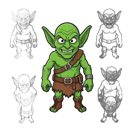2D vector spritesheet for an indie game, top-down view, a funny green goblin, cartoon style, thick outlines, exaggerated humor