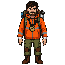 adult male cave explorer and ex-stuntman, short messy dark brown hair, short beard, bright orange hooded windbreaker with grey reflective stripes, olive green cargo pants with brown knee pads, white cloth wraps on wrists, brown leather boots, brass compass on chest, brown canvas backpack with blue coiled rope and steel canteen, realistic proportions, gritty, not cute