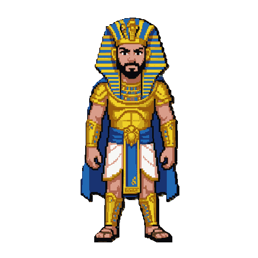 pharaoh ramses, young warrior king. gold nemes headdress with blue stripes and cobra, jeweled gold collar, gold chest armor with scarab emblem, white linen kilt with gold trim and blue sash, short blue cape, gold bracers and shin guards, sandals, short beard, fierce look. empty hands, no weapon. sty