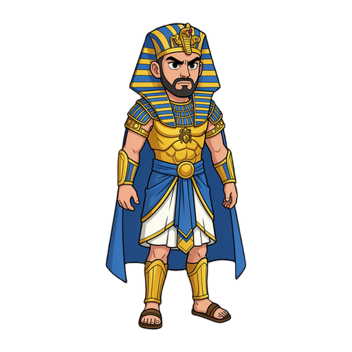 pharaoh ramses, young warrior king. gold nemes headdress with blue stripes and cobra, jeweled gold collar, gold chest armor with scarab emblem, white linen kilt with gold trim and blue sash, short blue cape, gold bracers and shin guards, sandals, short beard, fierce look. empty hands, no weapon. sty