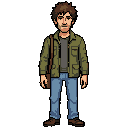 alex is a 33 year old musician from greece. he has messy hair, he's wearing jeans and an olive jacket. he holds no instruments. he has a brown leather satchel on his right shoulder. the style is lucasarts maniac mansion or thimbleweed park