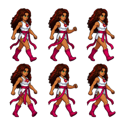 **PROMPT — WALKING ANIMATION SPRITESHEET | STREET FIGHTER III: 3RD STRIKE** Create a complete 2D pixel walking animation spritesheet for the female fighting game character shown in the reference . The style must closely match *Street Fighter III: 3rd Strike* (Capcom, 1999), featuring authentic hand-crafted arcade fighting game sprites, detailed pixel clusters, expressive anatomy, rich multi-level shading, and crisp pixel edges. **CHARACTER APPEARANCE — KEEP IDENTICAL TO THE REFERENCE:** A strong, athletic young woman with warm brown skin, vivid green eyes, extremely long and voluminous dark brown curly hair with reddish-brown highlights. She wears a fitted white sleeveless martial arts bodysuit, a crimson-pink sash tied around her waist with a long fabric tail, a red-pink flower with a yellow center on her chest, and matching crimson-pink knee-high combat boots. Preserve her original facial features, skin tone, hairstyle, outfit, colors, body proportions, and accessories in every frame