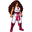 Use the uploaded as the EXACT reference. Recreate this character as faithfully as possible, preserving her original design, proportions, colors, outfit, hairstyle, facial features, and distinctive details. Do not redesign, simplify, or reinterpret her. ** STYLE — CRITICAL** Authentic 2D hand-pixeled fighting game inspired by Street Fighter III: 3rd Strike (Capcom, 1999). Match the detailed pixel clusters, rich multi-tone shading, strong contrast, expressive anatomy, crisp pixel edges, and sophisticated arcade craftsmanship of the original game. This must look like a professionally crafted late-1990s 2D fighting game , NOT a 3D model, vector , smooth digital painting, or generic anime . **EXACT CHARACTER DESCRIPTION** A powerful, athletic young adult female martial artist with warm medium-brown skin, expressive green eyes, a confident and serious expression, and extremely voluminous, long, dark brown curly hair. Her hair extends around her shoulders and down her back, with numerous defi