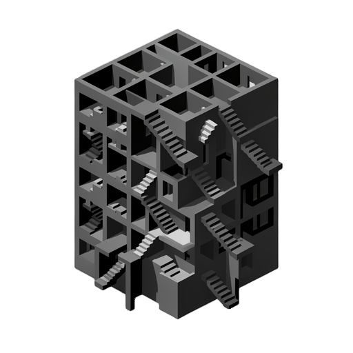 abstract geometric building with many small rooms and lots of stairs
