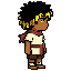 young male fantasy adventurer inspired by the indigenous peoples of Brazil, designed as a minimalist 2D pixel character for a side-scrolling metroidvania game. **Physical appearance:** - Warm medium-brown skin. - Large, messy, choppy bowl-cut hairstyle with short layered, spiky strands and square, uneven ends. - Almost entirely black hair with vibrant golden-yellow tips, especially along the lower edges and outward-pointing strands. - The golden hair tips symbolize his supernatural teleportation powers. - A youthful, slightly oversized head with a small, simplified face. - One small, bright, light-colored eye visible in side profile, represented by only a few pixels. - No detailed nose, mouth, eyelashes or realistic facial features. - Small, compact humanoid body with short, simplified limbs. **Clothing:** - A simple handmade-looking, cream-colored tunic with short sleeves. - A muted reddish-brown scarf wrapped around his neck, with a short loose end flowing behind him. - A narrow redd