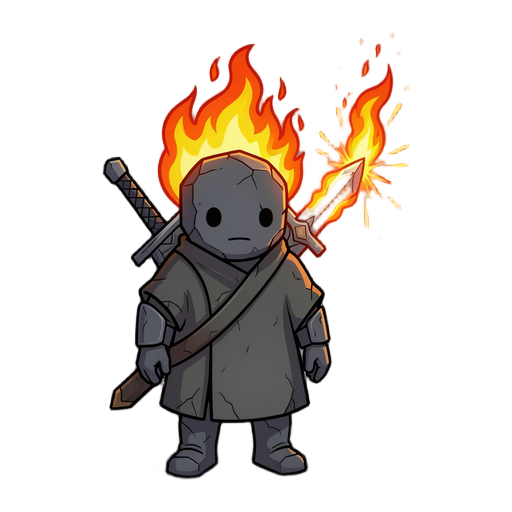 of a A small being, made of dark stone, a kind of knight, with a closed poncho and a sword on its back. When it uses its power, fire covers its head and the sword catches fire, releasing sparks when it wields it