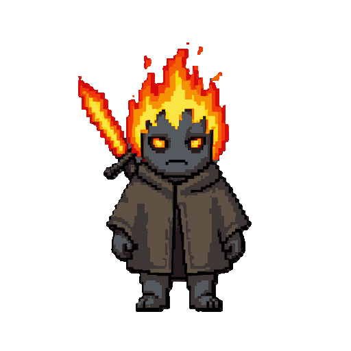 The character is a small dark stone creature wearing a closed poncho, with glowing eyes and a thick sword on his back. In the fire form, flames cover his whole head and the sword is made of fire