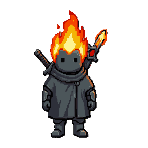 of a A small being, made of dark stone, a kind of knight, with a closed poncho and a sword on its back. When it uses its power, fire covers its head and the sword catches fire, releasing sparks when it wields it