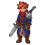 young male jrpg swordsman, octopath traveler style, front view full body, spiky chestnut hair, blue eyes, navy long coat with gold trim, red scarf, steel pauldron on one shoulder, brown leather belts, green hip pouch, brown gloves and boots, sword on back
