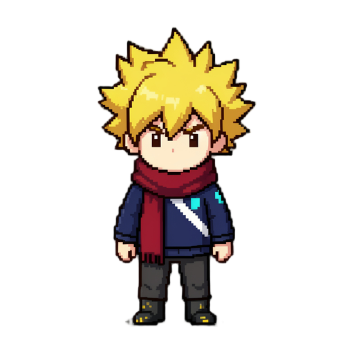 single 16x16 pixel of a young male adventurer character seen from a top-down 2D RPG perspective (Nintendo DS style), facing forward (facing south). The character must be fully visible and centered within an exact 16x16 pixel grid, occupying almost the entire height of the canvas (around 14-15 pixels tall) to maintain a chibi, compact proportion. - Head & Hair: Giant, spiky golden-blonde hair with messy, natural spikes pointing outward and upward, without any hats or headwear. A prominent, lighter yellow/dourada fringe or tuft falls slightly over the forehead. Skin is pale, with two dark pixels for eyes showing a neutral, determined look. - Outfit: He wears a dark blue (navy) long-sleeved jacket or tunic featuring a distinct white diagonal stripe crossing from the upper right shoulder to the waist, with a small cyan/light blue accent pixel on the sleeve/shoulder area. Around his neck is a voluminous, dark red scarf that wraps around and hangs visibly over his left shoulder (viewer's rig