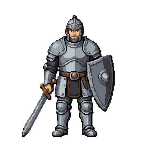 um guerreiro tank com escudo e espada de uma mao com armadura prata medieval para um jogo estilo task bar hero