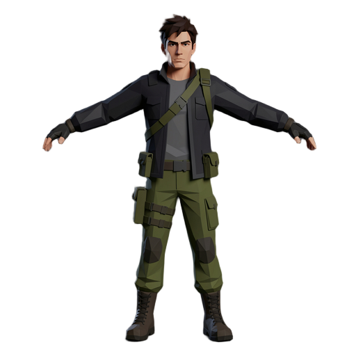Full-body low-poly 3D video game protagonist for a realistic survival horror game called OUTBREAK. One single male character, facing directly forward, perfectly symmetrical T-pose, arms extended horizontally, palms facing down, legs slightly apart, entire body visible from head to boots. Young adult survivor with short messy dark brown hair, strong facial features, serious expression, realistic stylized proportions. Wearing a dark tactical jacket, gray undershirt, olive-green cargo pants with reinforced knees, tactical belt with small utility pouches, fingerless gloves, rugged military boots, and an olive shoulder harness with a diagonal chest strap. Improved professional character design, distinctive silhouette, detailed but optimized low-poly geometry, angular faceted surfaces, clean topology suitable for game development, muted survival-horror color palette, realistic PBR materials, no weapon, no backpack, no additional characters. Neutral dark gray studio background, soft three-poi