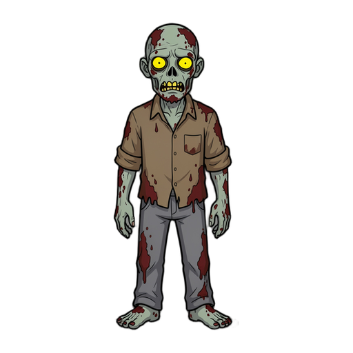 Character: rotting zombie with pale grey-green skin, faded brown shirt, grey pants, dried dark-red blood stains, yellow glowing eyes