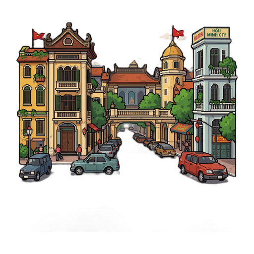 use the attached image only as a reference for the pixel-art style (detailed pixel art, chunky visible pixels, dark 1px outline, muted warm weathered palette). do not copy its layout. the game is set in vietnam, so everything must clearly read as vietnam (hanoi / ho chi minh city), not western, not