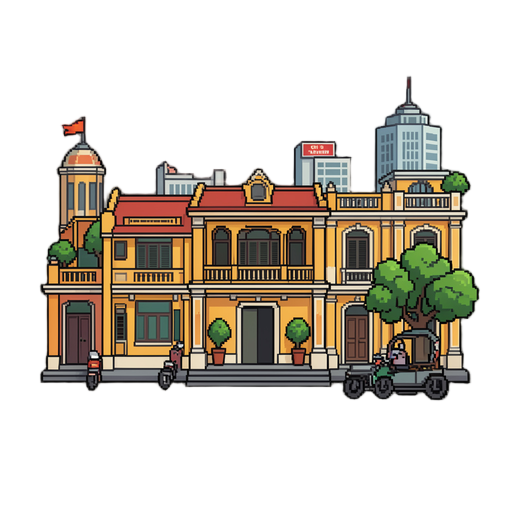 use the attached image only as a reference for the pixel-art style (detailed pixel art, chunky visible pixels, dark 1px outline, muted warm weathered palette). do not copy its layout. the game is set in vietnam, so everything must clearly read as vietnam (hanoi / ho chi minh city), not western, not 