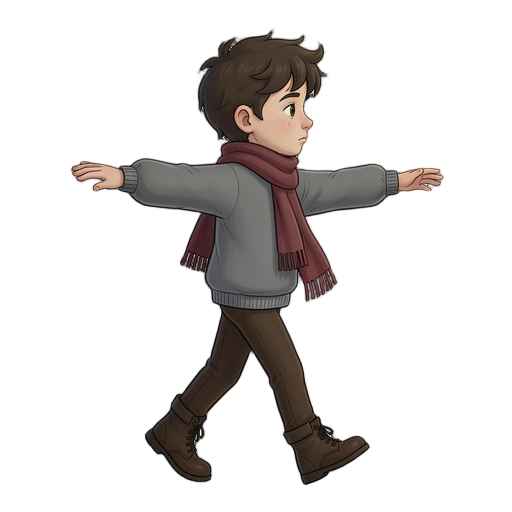 Create a game-ready 2D character for a hand-drawn, dark atmospheric indie adventure game.

Character design:

- Androgynous, gender-neutral child, approximately 9–11 years old.
- Short, messy, dark brown hair with a distinctive upward-curving strand.
- Large, expressive brown eyes, small nose, neutral and relaxed facial expression.
- Slightly oversized head, slim body, stylized hand-drawn cartoon proportions.
- Oversized, plain grey sweater with intact sleeves.
- Dark brown straight trousers with no tears or patches.
- Dark brown lace-up boots.
- A long, muted dark-red scarf around the neck.
- Muted colours, soft shading, clean outlines and a slightly melancholic indie-game aesthetic.
- No mask, no weapons, no backpack.

Essential animation requirements:
Create the character in a neutral, rigging-friendly pose, viewed from a strict 90-degree side profile facing RIGHT.

Both arms must be clearly visible and separated from the torso. Both legs must be separated, with distinct knees, ankl