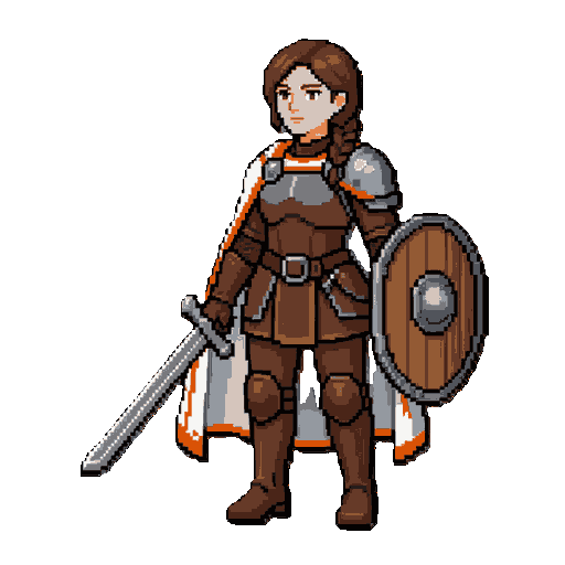 female knight warrior, young woman with a calm determined expression, chestnut brown hair in a short braid, white cape with orange trim, brown leather armor with a steel shoulder pauldron, brown gloves and boots, holding a straight silver longsword in one hand and a round wooden shield with a steel