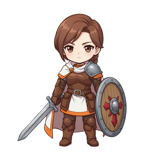 female knight warrior, young woman with a calm determined expression, chestnut brown hair in a short braid, white cape with orange trim, brown leather armor with a steel shoulder pauldron, brown gloves and boots, holding a straight silver longsword in one hand and a round wooden shield with a steel rim and a red emblem in the other, protective steadfast guardian, chibi super deformed anime style
