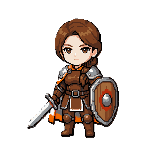 female knight warrior, young woman with a calm determined expression, chestnut brown hair in a short braid, white cape with orange trim, brown leather armor with a steel shoulder pauldron, brown gloves and boots, holding a straight silver longsword in one hand and a round wooden shield with a steel rim and a red emblem in the other, protective steadfast guardian, chibi super deformed anime style