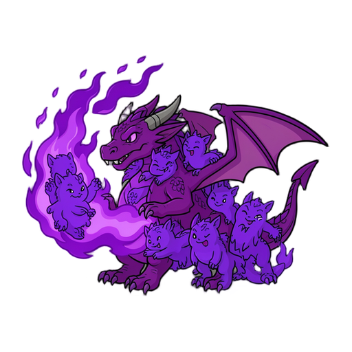 Um Dragon roxo cuspindo fogo roxo com criaturas roxas grudadas