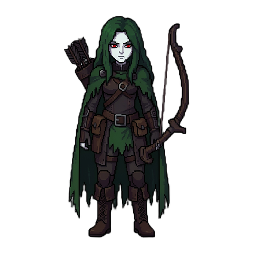 Personagem feminina em Pixel 2D, estilo Dark Fantasy gótico. Cabelos longos verdes, olhos vermelhos intensos, pele extremamente pálida e expressão fria e misteriosa. Veste roupas de caçadora medieval com couro escuro, manto verde rasgado, botas, luvas e cinto com bolsas. Segura um arco de madeira escura e possui uma aljava de flechas nas costas. detalhado, silhueta marcante, paleta de cores sombria, estética retrô de jogos indie, pixels nítidos e bem definidos. Personagem de corpo inteiro, fundo transparente, sem texto, sem cenário e sem elementos 3D. Ideal para um jogo 2D de fantasia sombria