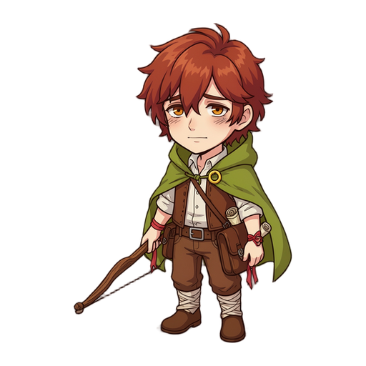 of edren: Full-body character concept of Edren, an 18-year-old young man, anime style with chibi-like proportions (about 3.5 to 4 heads tall), large expressive head, slim body, small hands and feet. Soft cel shading in 2 to 3 tones, clean colored outlines (dark brown, not pure black), warm and slightly desaturated palette, plain white background, front three-quarter view, standing in a relaxed, welcoming pose, leaning slightly forward. Face: gentle face with an easy, warm smile, but tired eyes with faint dark circles under them, a hint of hidden sadness. Large amber eyes (#C98A2A) with soft highlights. Hair: medium-length, messy auburn hair (#8A4A2E, shadows #6A3420, highlights #B06A44), with one longer lock falling over his left eye. Outfit: light linen shirt (#EBE4D4), brown leather vest (#6B4A2B), short moss-green hooded capelet (#4E6B3A) over the shoulders, brown trousers, boots wrapped with light fabric strips. A leather satchel at his hip with rolled-up maps sticking out. Weapon: