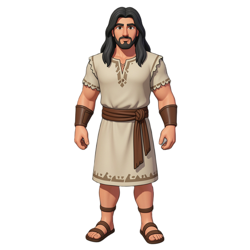 Sansão tridimensional jogável, com cabelos longos e escuros abaixo dos ombros, barba curta, aparência de adulto jovem, forte e atlético, túnica antiga israelita, faixa na cintura e sandálias