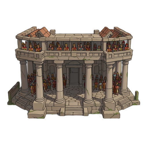 templo filisteu em 3D com duas colunas centrais de sustentação, balcões superiores com espectadores e líderes filisteus, pátio central e arquitetura de pedra antiga