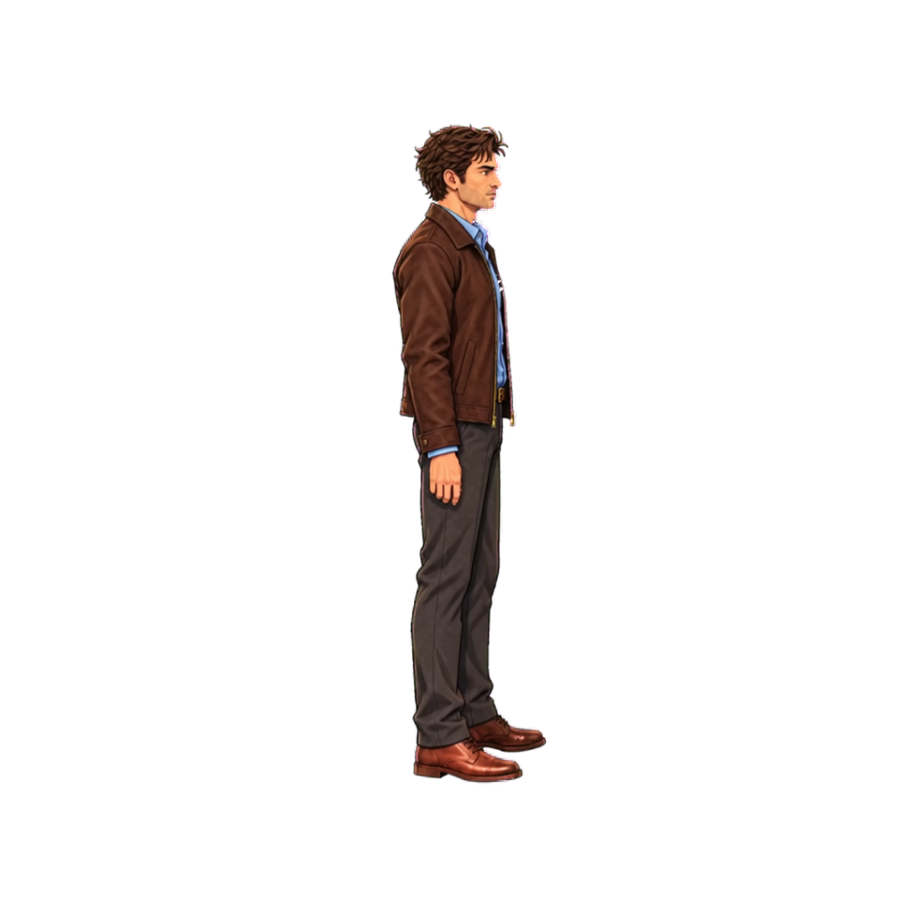 A man with dark curly hair, wearing a brown jacket, blue shirt, gray pants, and brown shoes, stands against a black background in profile view, facing right.