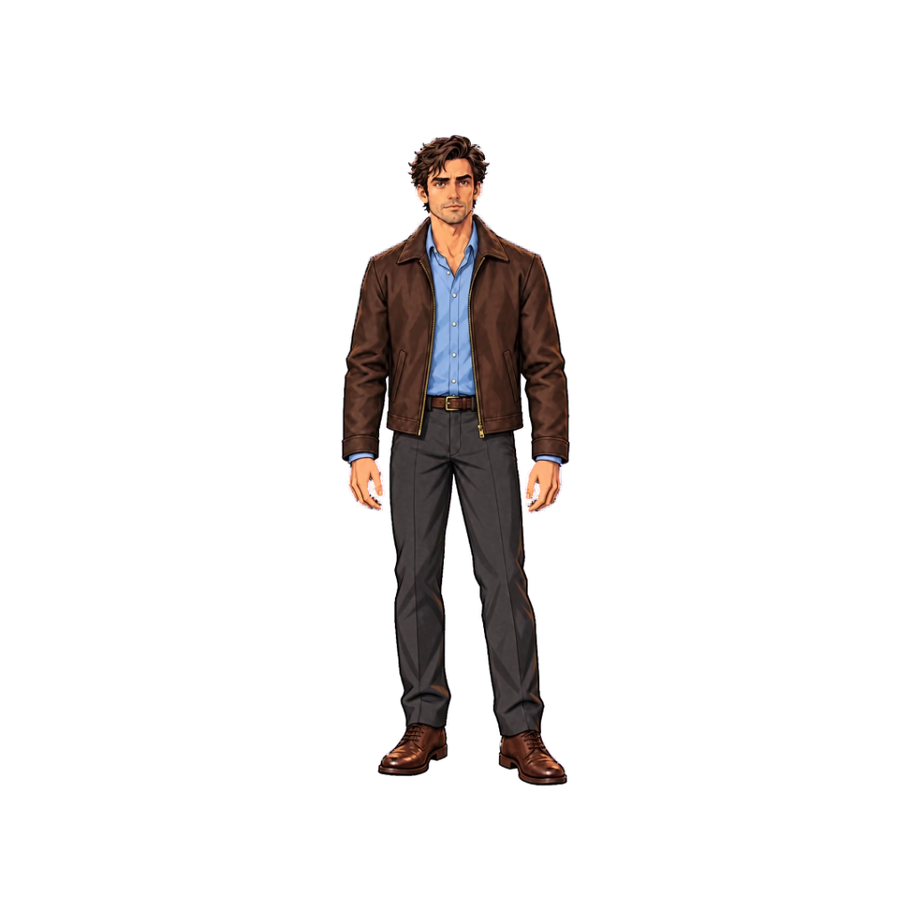 A man stands against a black background, wearing a brown jacket, a light blue shirt, gray pants, and brown shoes.