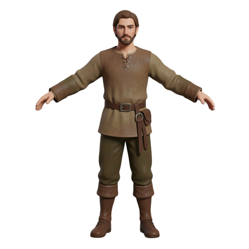 Create a stylized semi-realistic 3D medieval peasant character for Kingdom Roots, a Unity 6 medieval city-building game. Use the uploaded image as the primary visual reference. Preserve the character's original design, face, clothing, earthy colors, proportions, and material appearance.

Create a complete three-dimensional humanoid object with full geometry, including the head, torso, arms, hands, legs, and feet. No flat image, billboard, pedestal, or surrounding scene. Use clean, game-appropriate geometry and moderate detail suitable for a strategy game with many characters on screen.

Use natural human proportions and a neutral, animation-friendly pose with arms slightly separated from the torso. Keep the character centered, facing forward, with the origin at the feet if supported.

Prioritize a recognizable silhouette, clean topology, and separated materials. Prepare the model for humanoid rigging. If supported, include a functional skeleton and walk/idle animations; otherwise, clea